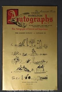 Lot 11.  Charles Hamilton.  164 items.  Auction catalogs 1-166, from May 16, 1963 to November 29, 1984 (missing nos. 69 and 158).  Most include separate list of prices realized.  The first auction was held at the Gotham Hotel, located on Fifth Avenue at 55th Street.  Auction 166 was held at the Omni Park Central, Seventh Avenue at 56th Street. 

Charles Hamilton Autographs. Catalogs.  43 items. In Catalog 25 is this information: “To avoid confusion in identifying our catalogs, we have decided to designate them all by number. Since we have issued ten large catalogs (1 to 10, inclusive), and fourteen Gray Octavos (A to O, inclusive, omitting the letter I), this catalog becomes Number 25. The next will be Number 26.” This group includes 1, 3, 4, 6-10, A, D, E, F, H, J, K, L, M, N, O, 25-46, 48, 49.  Unfortunately, the catalogs are not dated. Internal evidence suggests they are from the late 1950s to 1965.

Charles Hamilton Galleries.  1 item.  Catalog 1.  Postmark of Nov. 5, 1984.  Letter