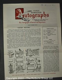 Lot 11.  Charles Hamilton.  164 items.  Auction catalogs 1-166, from May 16, 1963 to November 29, 1984 (missing nos. 69 and 158).  Most include separate list of prices realized.  The first auction was held at the Gotham Hotel, located on Fifth Avenue at 55th Street.  Auction 166 was held at the Omni Park Central, Seventh Avenue at 56th Street. 

Charles Hamilton Autographs. Catalogs.  43 items. In Catalog 25 is this information: “To avoid confusion in identifying our catalogs, we have decided to designate them all by number. Since we have issued ten large catalogs (1 to 10, inclusive), and fourteen Gray Octavos (A to O, inclusive, omitting the letter I), this catalog becomes Number 25. The next will be Number 26.” This group includes 1, 3, 4, 6-10, A, D, E, F, H, J, K, L, M, N, O, 25-46, 48, 49.  Unfortunately, the catalogs are not dated. Internal evidence suggests they are from the late 1950s to 1965.

Charles Hamilton Galleries.  1 item.  Catalog 1.  Postmark of Nov. 5, 1984.  Letter