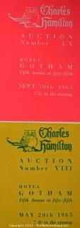 Lot 11.  Charles Hamilton.  164 items.  Auction catalogs 1-166, from May 16, 1963 to November 29, 1984 (missing nos. 69 and 158).  Most include separate list of prices realized.  The first auction was held at the Gotham Hotel, located on Fifth Avenue at 55th Street.  Auction 166 was held at the Omni Park Central, Seventh Avenue at 56th Street. 

Charles Hamilton Autographs. Catalogs.  43 items. In Catalog 25 is this information: “To avoid confusion in identifying our catalogs, we have decided to designate them all by number. Since we have issued ten large catalogs (1 to 10, inclusive), and fourteen Gray Octavos (A to O, inclusive, omitting the letter I), this catalog becomes Number 25. The next will be Number 26.” This group includes 1, 3, 4, 6-10, A, D, E, F, H, J, K, L, M, N, O, 25-46, 48, 49.  Unfortunately, the catalogs are not dated. Internal evidence suggests they are from the late 1950s to 1965.

Charles Hamilton Galleries.  1 item.  Catalog 1.  Postmark of Nov. 5, 1984.  Letter