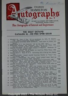 Lot 11.  Charles Hamilton.  164 items.  Auction catalogs 1-166, from May 16, 1963 to November 29, 1984 (missing nos. 69 and 158).  Most include separate list of prices realized.  The first auction was held at the Gotham Hotel, located on Fifth Avenue at 55th Street.  Auction 166 was held at the Omni Park Central, Seventh Avenue at 56th Street. 

Charles Hamilton Autographs. Catalogs.  43 items. In Catalog 25 is this information: “To avoid confusion in identifying our catalogs, we have decided to designate them all by number. Since we have issued ten large catalogs (1 to 10, inclusive), and fourteen Gray Octavos (A to O, inclusive, omitting the letter I), this catalog becomes Number 25. The next will be Number 26.” This group includes 1, 3, 4, 6-10, A, D, E, F, H, J, K, L, M, N, O, 25-46, 48, 49.  Unfortunately, the catalogs are not dated. Internal evidence suggests they are from the late 1950s to 1965.

Charles Hamilton Galleries.  1 item.  Catalog 1.  Postmark of Nov. 5, 1984.  Letter