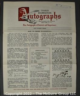 Lot 11.  Charles Hamilton.  164 items.  Auction catalogs 1-166, from May 16, 1963 to November 29, 1984 (missing nos. 69 and 158).  Most include separate list of prices realized.  The first auction was held at the Gotham Hotel, located on Fifth Avenue at 55th Street.  Auction 166 was held at the Omni Park Central, Seventh Avenue at 56th Street. 

Charles Hamilton Autographs. Catalogs.  43 items. In Catalog 25 is this information: “To avoid confusion in identifying our catalogs, we have decided to designate them all by number. Since we have issued ten large catalogs (1 to 10, inclusive), and fourteen Gray Octavos (A to O, inclusive, omitting the letter I), this catalog becomes Number 25. The next will be Number 26.” This group includes 1, 3, 4, 6-10, A, D, E, F, H, J, K, L, M, N, O, 25-46, 48, 49.  Unfortunately, the catalogs are not dated. Internal evidence suggests they are from the late 1950s to 1965.

Charles Hamilton Galleries.  1 item.  Catalog 1.  Postmark of Nov. 5, 1984.  Letter