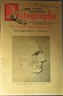 Lot 11.  Charles Hamilton.  164 items.  Auction catalogs 1-166, from May 16, 1963 to November 29, 1984 (missing nos. 69 and 158).  Most include separate list of prices realized.  The first auction was held at the Gotham Hotel, located on Fifth Avenue at 55th Street.  Auction 166 was held at the Omni Park Central, Seventh Avenue at 56th Street. 

Charles Hamilton Autographs. Catalogs.  43 items. In Catalog 25 is this information: “To avoid confusion in identifying our catalogs, we have decided to designate them all by number. Since we have issued ten large catalogs (1 to 10, inclusive), and fourteen Gray Octavos (A to O, inclusive, omitting the letter I), this catalog becomes Number 25. The next will be Number 26.” This group includes 1, 3, 4, 6-10, A, D, E, F, H, J, K, L, M, N, O, 25-46, 48, 49.  Unfortunately, the catalogs are not dated. Internal evidence suggests they are from the late 1950s to 1965.

Charles Hamilton Galleries.  1 item.  Catalog 1.  Postmark of Nov. 5, 1984.  Letter