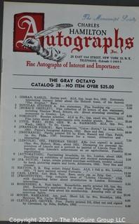 Lot 11.  Charles Hamilton.  164 items.  Auction catalogs 1-166, from May 16, 1963 to November 29, 1984 (missing nos. 69 and 158).  Most include separate list of prices realized.  The first auction was held at the Gotham Hotel, located on Fifth Avenue at 55th Street.  Auction 166 was held at the Omni Park Central, Seventh Avenue at 56th Street. 

Charles Hamilton Autographs. Catalogs.  43 items. In Catalog 25 is this information: “To avoid confusion in identifying our catalogs, we have decided to designate them all by number. Since we have issued ten large catalogs (1 to 10, inclusive), and fourteen Gray Octavos (A to O, inclusive, omitting the letter I), this catalog becomes Number 25. The next will be Number 26.” This group includes 1, 3, 4, 6-10, A, D, E, F, H, J, K, L, M, N, O, 25-46, 48, 49.  Unfortunately, the catalogs are not dated. Internal evidence suggests they are from the late 1950s to 1965.

Charles Hamilton Galleries.  1 item.  Catalog 1.  Postmark of Nov. 5, 1984.  Letter