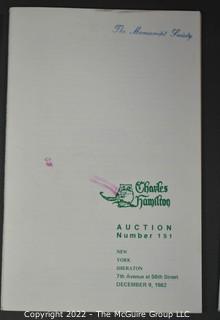 Lot 11.  Charles Hamilton.  164 items.  Auction catalogs 1-166, from May 16, 1963 to November 29, 1984 (missing nos. 69 and 158).  Most include separate list of prices realized.  The first auction was held at the Gotham Hotel, located on Fifth Avenue at 55th Street.  Auction 166 was held at the Omni Park Central, Seventh Avenue at 56th Street. 

Charles Hamilton Autographs. Catalogs.  43 items. In Catalog 25 is this information: “To avoid confusion in identifying our catalogs, we have decided to designate them all by number. Since we have issued ten large catalogs (1 to 10, inclusive), and fourteen Gray Octavos (A to O, inclusive, omitting the letter I), this catalog becomes Number 25. The next will be Number 26.” This group includes 1, 3, 4, 6-10, A, D, E, F, H, J, K, L, M, N, O, 25-46, 48, 49.  Unfortunately, the catalogs are not dated. Internal evidence suggests they are from the late 1950s to 1965.

Charles Hamilton Galleries.  1 item.  Catalog 1.  Postmark of Nov. 5, 1984.  Letter