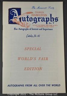 Lot 11.  Charles Hamilton.  164 items.  Auction catalogs 1-166, from May 16, 1963 to November 29, 1984 (missing nos. 69 and 158).  Most include separate list of prices realized.  The first auction was held at the Gotham Hotel, located on Fifth Avenue at 55th Street.  Auction 166 was held at the Omni Park Central, Seventh Avenue at 56th Street. 

Charles Hamilton Autographs. Catalogs.  43 items. In Catalog 25 is this information: “To avoid confusion in identifying our catalogs, we have decided to designate them all by number. Since we have issued ten large catalogs (1 to 10, inclusive), and fourteen Gray Octavos (A to O, inclusive, omitting the letter I), this catalog becomes Number 25. The next will be Number 26.” This group includes 1, 3, 4, 6-10, A, D, E, F, H, J, K, L, M, N, O, 25-46, 48, 49.  Unfortunately, the catalogs are not dated. Internal evidence suggests they are from the late 1950s to 1965.

Charles Hamilton Galleries.  1 item.  Catalog 1.  Postmark of Nov. 5, 1984.  Letter