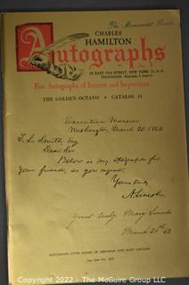 Lot 11.  Charles Hamilton.  164 items.  Auction catalogs 1-166, from May 16, 1963 to November 29, 1984 (missing nos. 69 and 158).  Most include separate list of prices realized.  The first auction was held at the Gotham Hotel, located on Fifth Avenue at 55th Street.  Auction 166 was held at the Omni Park Central, Seventh Avenue at 56th Street. 

Charles Hamilton Autographs. Catalogs.  43 items. In Catalog 25 is this information: “To avoid confusion in identifying our catalogs, we have decided to designate them all by number. Since we have issued ten large catalogs (1 to 10, inclusive), and fourteen Gray Octavos (A to O, inclusive, omitting the letter I), this catalog becomes Number 25. The next will be Number 26.” This group includes 1, 3, 4, 6-10, A, D, E, F, H, J, K, L, M, N, O, 25-46, 48, 49.  Unfortunately, the catalogs are not dated. Internal evidence suggests they are from the late 1950s to 1965.

Charles Hamilton Galleries.  1 item.  Catalog 1.  Postmark of Nov. 5, 1984.  Letter