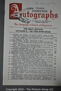 Lot 11.  Charles Hamilton.  164 items.  Auction catalogs 1-166, from May 16, 1963 to November 29, 1984 (missing nos. 69 and 158).  Most include separate list of prices realized.  The first auction was held at the Gotham Hotel, located on Fifth Avenue at 55th Street.  Auction 166 was held at the Omni Park Central, Seventh Avenue at 56th Street. 

Charles Hamilton Autographs. Catalogs.  43 items. In Catalog 25 is this information: “To avoid confusion in identifying our catalogs, we have decided to designate them all by number. Since we have issued ten large catalogs (1 to 10, inclusive), and fourteen Gray Octavos (A to O, inclusive, omitting the letter I), this catalog becomes Number 25. The next will be Number 26.” This group includes 1, 3, 4, 6-10, A, D, E, F, H, J, K, L, M, N, O, 25-46, 48, 49.  Unfortunately, the catalogs are not dated. Internal evidence suggests they are from the late 1950s to 1965.

Charles Hamilton Galleries.  1 item.  Catalog 1.  Postmark of Nov. 5, 1984.  Letter