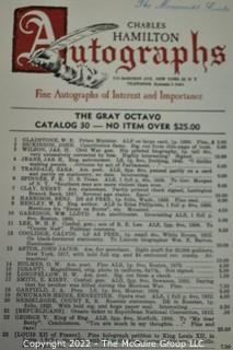 Lot 11.  Charles Hamilton.  164 items.  Auction catalogs 1-166, from May 16, 1963 to November 29, 1984 (missing nos. 69 and 158).  Most include separate list of prices realized.  The first auction was held at the Gotham Hotel, located on Fifth Avenue at 55th Street.  Auction 166 was held at the Omni Park Central, Seventh Avenue at 56th Street. 

Charles Hamilton Autographs. Catalogs.  43 items. In Catalog 25 is this information: “To avoid confusion in identifying our catalogs, we have decided to designate them all by number. Since we have issued ten large catalogs (1 to 10, inclusive), and fourteen Gray Octavos (A to O, inclusive, omitting the letter I), this catalog becomes Number 25. The next will be Number 26.” This group includes 1, 3, 4, 6-10, A, D, E, F, H, J, K, L, M, N, O, 25-46, 48, 49.  Unfortunately, the catalogs are not dated. Internal evidence suggests they are from the late 1950s to 1965.

Charles Hamilton Galleries.  1 item.  Catalog 1.  Postmark of Nov. 5, 1984.  Letter