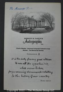 Lot 6.  Herman M. Darvick Autographs.  13 items.  Catalogs 2-3, 17, 21, 31, 33-39, and 44.  Circa 1976-1983.  On the covers, the business identifies as a charter member of the Universal Autograph Collectors Club and a member of The Manuscript Society.  The business was first located in Brooklyn and then relocated to Rockville Center, N.Y.  Catalogs include a wide range of materials from political to sports.