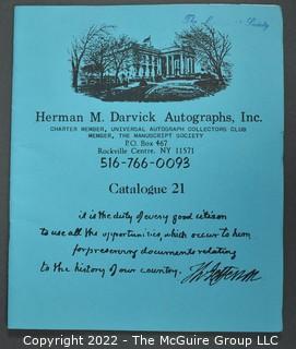 Lot 6.  Herman M. Darvick Autographs.  13 items.  Catalogs 2-3, 17, 21, 31, 33-39, and 44.  Circa 1976-1983.  On the covers, the business identifies as a charter member of the Universal Autograph Collectors Club and a member of The Manuscript Society.  The business was first located in Brooklyn and then relocated to Rockville Center, N.Y.  Catalogs include a wide range of materials from political to sports.