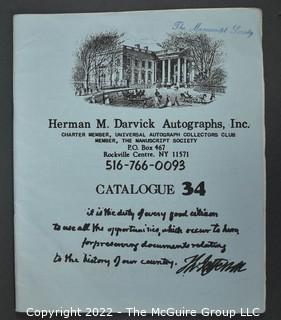 Lot 6.  Herman M. Darvick Autographs.  13 items.  Catalogs 2-3, 17, 21, 31, 33-39, and 44.  Circa 1976-1983.  On the covers, the business identifies as a charter member of the Universal Autograph Collectors Club and a member of The Manuscript Society.  The business was first located in Brooklyn and then relocated to Rockville Center, N.Y.  Catalogs include a wide range of materials from political to sports.