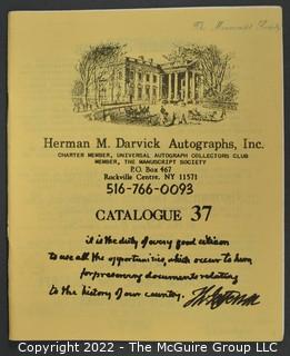 Lot 6.  Herman M. Darvick Autographs.  13 items.  Catalogs 2-3, 17, 21, 31, 33-39, and 44.  Circa 1976-1983.  On the covers, the business identifies as a charter member of the Universal Autograph Collectors Club and a member of The Manuscript Society.  The business was first located in Brooklyn and then relocated to Rockville Center, N.Y.  Catalogs include a wide range of materials from political to sports.