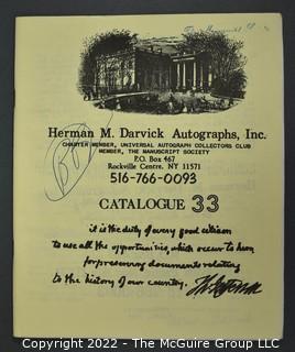 Lot 6.  Herman M. Darvick Autographs.  13 items.  Catalogs 2-3, 17, 21, 31, 33-39, and 44.  Circa 1976-1983.  On the covers, the business identifies as a charter member of the Universal Autograph Collectors Club and a member of The Manuscript Society.  The business was first located in Brooklyn and then relocated to Rockville Center, N.Y.  Catalogs include a wide range of materials from political to sports.