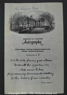 Lot 6.  Herman M. Darvick Autographs.  13 items.  Catalogs 2-3, 17, 21, 31, 33-39, and 44.  Circa 1976-1983.  On the covers, the business identifies as a charter member of the Universal Autograph Collectors Club and a member of The Manuscript Society.  The business was first located in Brooklyn and then relocated to Rockville Center, N.Y.  Catalogs include a wide range of materials from political to sports.