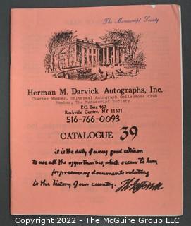 Lot 6.  Herman M. Darvick Autographs.  13 items.  Catalogs 2-3, 17, 21, 31, 33-39, and 44.  Circa 1976-1983.  On the covers, the business identifies as a charter member of the Universal Autograph Collectors Club and a member of The Manuscript Society.  The business was first located in Brooklyn and then relocated to Rockville Center, N.Y.  Catalogs include a wide range of materials from political to sports.