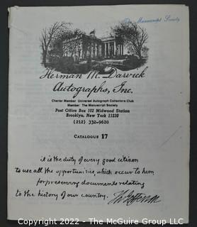 Lot 6.  Herman M. Darvick Autographs.  13 items.  Catalogs 2-3, 17, 21, 31, 33-39, and 44.  Circa 1976-1983.  On the covers, the business identifies as a charter member of the Universal Autograph Collectors Club and a member of The Manuscript Society.  The business was first located in Brooklyn and then relocated to Rockville Center, N.Y.  Catalogs include a wide range of materials from political to sports.
