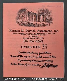 Lot 6.  Herman M. Darvick Autographs.  13 items.  Catalogs 2-3, 17, 21, 31, 33-39, and 44.  Circa 1976-1983.  On the covers, the business identifies as a charter member of the Universal Autograph Collectors Club and a member of The Manuscript Society.  The business was first located in Brooklyn and then relocated to Rockville Center, N.Y.  Catalogs include a wide range of materials from political to sports.