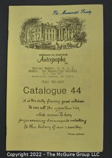 Lot 6.  Herman M. Darvick Autographs.  13 items.  Catalogs 2-3, 17, 21, 31, 33-39, and 44.  Circa 1976-1983.  On the covers, the business identifies as a charter member of the Universal Autograph Collectors Club and a member of The Manuscript Society.  The business was first located in Brooklyn and then relocated to Rockville Center, N.Y.  Catalogs include a wide range of materials from political to sports.