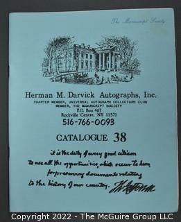 Lot 6.  Herman M. Darvick Autographs.  13 items.  Catalogs 2-3, 17, 21, 31, 33-39, and 44.  Circa 1976-1983.  On the covers, the business identifies as a charter member of the Universal Autograph Collectors Club and a member of The Manuscript Society.  The business was first located in Brooklyn and then relocated to Rockville Center, N.Y.  Catalogs include a wide range of materials from political to sports.