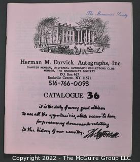 Lot 6.  Herman M. Darvick Autographs.  13 items.  Catalogs 2-3, 17, 21, 31, 33-39, and 44.  Circa 1976-1983.  On the covers, the business identifies as a charter member of the Universal Autograph Collectors Club and a member of The Manuscript Society.  The business was first located in Brooklyn and then relocated to Rockville Center, N.Y.  Catalogs include a wide range of materials from political to sports.