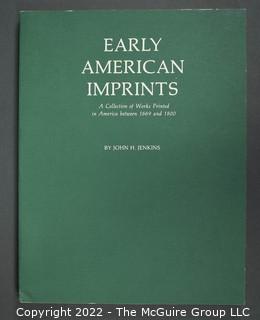 Lot 14.  The Jenkins Company.  3 items.  Based in Austin, Texas, the late John H. Jenkins built his business with much bravado and no small amount of knowledge about rare materials.  These three catalogs, numbers 25, 48 and 110 provide glimpses of what his company offered.  The first two are not dated but item 110 is from 1977 and is titled Early American Imprints: A Collection of Works Printed in America between 1669 and 1800.  Several later catalogs may be found for sale online but earlier ones are harder to locate. 