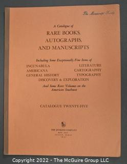 Lot 14.  The Jenkins Company.  3 items.  Based in Austin, Texas, the late John H. Jenkins built his business with much bravado and no small amount of knowledge about rare materials.  These three catalogs, numbers 25, 48 and 110 provide glimpses of what his company offered.  The first two are not dated but item 110 is from 1977 and is titled Early American Imprints: A Collection of Works Printed in America between 1669 and 1800.  Several later catalogs may be found for sale online but earlier ones are harder to locate. 