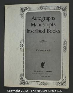 Lot 14.  The Jenkins Company.  3 items.  Based in Austin, Texas, the late John H. Jenkins built his business with much bravado and no small amount of knowledge about rare materials.  These three catalogs, numbers 25, 48 and 110 provide glimpses of what his company offered.  The first two are not dated but item 110 is from 1977 and is titled Early American Imprints: A Collection of Works Printed in America between 1669 and 1800.  Several later catalogs may be found for sale online but earlier ones are harder to locate. 