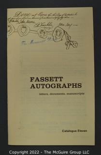 Lot 8.  Thomas M. Fassett, Inc. 5 items.  Catalogs 8-12; 1970s.  Catalog’s business address first from Rochester, N.Y. then Chantilly, Virginia.  “Autographs, letters, documents, manuscripts” appears on the covers.  Several of the catalogs include American Revolution items.  The 1976 Manuscript Society membership directory includes a Rev. T. M. Fassett and the 2019 directory has a Thomas White Wolf Fassett from Hector, N.Y., who collects materials associated with Native Americans and also women.  Unclear if they are the same.