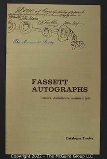 Lot 8.  Thomas M. Fassett, Inc. 5 items.  Catalogs 8-12; 1970s.  Catalog’s business address first from Rochester, N.Y. then Chantilly, Virginia.  “Autographs, letters, documents, manuscripts” appears on the covers.  Several of the catalogs include American Revolution items.  The 1976 Manuscript Society membership directory includes a Rev. T. M. Fassett and the 2019 directory has a Thomas White Wolf Fassett from Hector, N.Y., who collects materials associated with Native Americans and also women.  Unclear if they are the same.