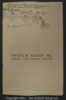 Lot 8.  Thomas M. Fassett, Inc. 5 items.  Catalogs 8-12; 1970s.  Catalog’s business address first from Rochester, N.Y. then Chantilly, Virginia.  “Autographs, letters, documents, manuscripts” appears on the covers.  Several of the catalogs include American Revolution items.  The 1976 Manuscript Society membership directory includes a Rev. T. M. Fassett and the 2019 directory has a Thomas White Wolf Fassett from Hector, N.Y., who collects materials associated with Native Americans and also women.  Unclear if they are the same.