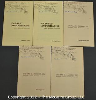 Lot 8.  Thomas M. Fassett, Inc. 5 items.  Catalogs 8-12; 1970s.  Catalog’s business address first from Rochester, N.Y. then Chantilly, Virginia.  “Autographs, letters, documents, manuscripts” appears on the covers.  Several of the catalogs include American Revolution items.  The 1976 Manuscript Society membership directory includes a Rev. T. M. Fassett and the 2019 directory has a Thomas White Wolf Fassett from Hector, N.Y., who collects materials associated with Native Americans and also women.  Unclear if they are the same.