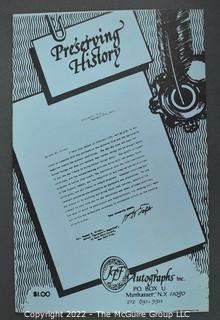 Lot 13.  JFF Autographs, Inc. 14 items; 1981-1987.  When these catalogs were issued the company had a P.O. box in Manhasset, N.Y.  A catalog from 1981 lists items from several U.S. presidents including an LS with the full signature of Franklin D. Roosevelt in 1936, for $250.