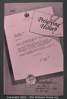 Lot 13.  JFF Autographs, Inc. 14 items; 1981-1987.  When these catalogs were issued the company had a P.O. box in Manhasset, N.Y.  A catalog from 1981 lists items from several U.S. presidents including an LS with the full signature of Franklin D. Roosevelt in 1936, for $250.