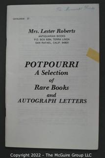 Lot 27.  Lester Roberts.  3 items.  Catalogs 28, 31, 37.  Undated and no internal evidence to suggest dates.  Possibly 1970s.  Antiquarian book dealer who operated out of San Rafael, California.  Member of ABAA.  Catalog 33 in name of Mrs. Roberts, perhaps after Mr. Roberts died.  Catalog 31 includes a TLS by Graham Greene about his first book, published while an undergraduate, listed for $10. {Note: This description was altered on 2-28-22 @ 12:19pm ET}