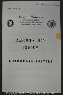 Lot 27.  Lester Roberts.  3 items.  Catalogs 28, 31, 37.  Undated and no internal evidence to suggest dates.  Possibly 1970s.  Antiquarian book dealer who operated out of San Rafael, California.  Member of ABAA.  Catalog 33 in name of Mrs. Roberts, perhaps after Mr. Roberts died.  Catalog 31 includes a TLS by Graham Greene about his first book, published while an undergraduate, listed for $10. {Note: This description was altered on 2-28-22 @ 12:19pm ET}