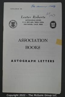 Lot 27.  Lester Roberts.  3 items.  Catalogs 28, 31, 37.  Undated and no internal evidence to suggest dates.  Possibly 1970s.  Antiquarian book dealer who operated out of San Rafael, California.  Member of ABAA.  Catalog 33 in name of Mrs. Roberts, perhaps after Mr. Roberts died.  Catalog 31 includes a TLS by Graham Greene about his first book, published while an undergraduate, listed for $10. {Note: This description was altered on 2-28-22 @ 12:19pm ET}