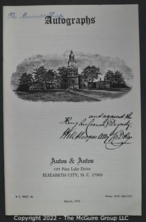 Lot 2.  Autos & Autos.  26 items.  The firm was owned and operated by the late B.C. West, Jr., Manuscript Society treasurer, trustee and noted dealer and collector. His name is well known for the 1976-1977 replevin case, The State of North Carolina vs. Dr. B.C. West, Jr., that he fought after the state seized documents from him. Less well known, perhaps, is the key role he played with the F.B.I. in apprehending a thief who stole an estimated $15,000,000 of manuscripts and artifacts from the Thomas Edison National Historic Site.  West received the Conservation Service Award for his work on the case.  Postmark dates for the catalogs range from 1975 to 1991