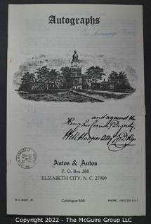 Lot 2.  Autos & Autos.  26 items.  The firm was owned and operated by the late B.C. West, Jr., Manuscript Society treasurer, trustee and noted dealer and collector. His name is well known for the 1976-1977 replevin case, The State of North Carolina vs. Dr. B.C. West, Jr., that he fought after the state seized documents from him. Less well known, perhaps, is the key role he played with the F.B.I. in apprehending a thief who stole an estimated $15,000,000 of manuscripts and artifacts from the Thomas Edison National Historic Site.  West received the Conservation Service Award for his work on the case.  Postmark dates for the catalogs range from 1975 to 1991