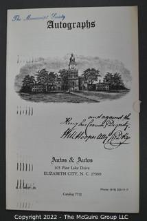 Lot 2.  Autos & Autos.  26 items.  The firm was owned and operated by the late B.C. West, Jr., Manuscript Society treasurer, trustee and noted dealer and collector. His name is well known for the 1976-1977 replevin case, The State of North Carolina vs. Dr. B.C. West, Jr., that he fought after the state seized documents from him. Less well known, perhaps, is the key role he played with the F.B.I. in apprehending a thief who stole an estimated $15,000,000 of manuscripts and artifacts from the Thomas Edison National Historic Site.  West received the Conservation Service Award for his work on the case.  Postmark dates for the catalogs range from 1975 to 1991