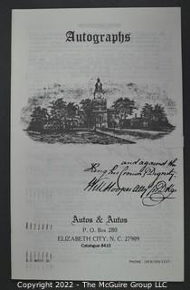 Lot 2.  Autos & Autos.  26 items.  The firm was owned and operated by the late B.C. West, Jr., Manuscript Society treasurer, trustee and noted dealer and collector. His name is well known for the 1976-1977 replevin case, The State of North Carolina vs. Dr. B.C. West, Jr., that he fought after the state seized documents from him. Less well known, perhaps, is the key role he played with the F.B.I. in apprehending a thief who stole an estimated $15,000,000 of manuscripts and artifacts from the Thomas Edison National Historic Site.  West received the Conservation Service Award for his work on the case.  Postmark dates for the catalogs range from 1975 to 1991