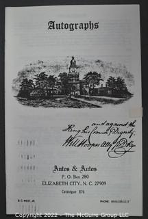 Lot 2.  Autos & Autos.  26 items.  The firm was owned and operated by the late B.C. West, Jr., Manuscript Society treasurer, trustee and noted dealer and collector. His name is well known for the 1976-1977 replevin case, The State of North Carolina vs. Dr. B.C. West, Jr., that he fought after the state seized documents from him. Less well known, perhaps, is the key role he played with the F.B.I. in apprehending a thief who stole an estimated $15,000,000 of manuscripts and artifacts from the Thomas Edison National Historic Site.  West received the Conservation Service Award for his work on the case.  Postmark dates for the catalogs range from 1975 to 1991