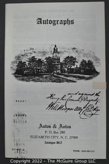 Lot 2.  Autos & Autos.  26 items.  The firm was owned and operated by the late B.C. West, Jr., Manuscript Society treasurer, trustee and noted dealer and collector. His name is well known for the 1976-1977 replevin case, The State of North Carolina vs. Dr. B.C. West, Jr., that he fought after the state seized documents from him. Less well known, perhaps, is the key role he played with the F.B.I. in apprehending a thief who stole an estimated $15,000,000 of manuscripts and artifacts from the Thomas Edison National Historic Site.  West received the Conservation Service Award for his work on the case.  Postmark dates for the catalogs range from 1975 to 1991