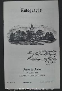 Lot 2.  Autos & Autos.  26 items.  The firm was owned and operated by the late B.C. West, Jr., Manuscript Society treasurer, trustee and noted dealer and collector. His name is well known for the 1976-1977 replevin case, The State of North Carolina vs. Dr. B.C. West, Jr., that he fought after the state seized documents from him. Less well known, perhaps, is the key role he played with the F.B.I. in apprehending a thief who stole an estimated $15,000,000 of manuscripts and artifacts from the Thomas Edison National Historic Site.  West received the Conservation Service Award for his work on the case.  Postmark dates for the catalogs range from 1975 to 1991