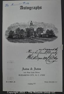 Lot 2.  Autos & Autos.  26 items.  The firm was owned and operated by the late B.C. West, Jr., Manuscript Society treasurer, trustee and noted dealer and collector. His name is well known for the 1976-1977 replevin case, The State of North Carolina vs. Dr. B.C. West, Jr., that he fought after the state seized documents from him. Less well known, perhaps, is the key role he played with the F.B.I. in apprehending a thief who stole an estimated $15,000,000 of manuscripts and artifacts from the Thomas Edison National Historic Site.  West received the Conservation Service Award for his work on the case.  Postmark dates for the catalogs range from 1975 to 1991