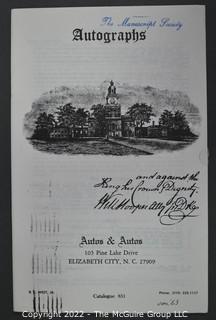 Lot 2.  Autos & Autos.  26 items.  The firm was owned and operated by the late B.C. West, Jr., Manuscript Society treasurer, trustee and noted dealer and collector. His name is well known for the 1976-1977 replevin case, The State of North Carolina vs. Dr. B.C. West, Jr., that he fought after the state seized documents from him. Less well known, perhaps, is the key role he played with the F.B.I. in apprehending a thief who stole an estimated $15,000,000 of manuscripts and artifacts from the Thomas Edison National Historic Site.  West received the Conservation Service Award for his work on the case.  Postmark dates for the catalogs range from 1975 to 1991