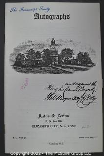 Lot 2.  Autos & Autos.  26 items.  The firm was owned and operated by the late B.C. West, Jr., Manuscript Society treasurer, trustee and noted dealer and collector. His name is well known for the 1976-1977 replevin case, The State of North Carolina vs. Dr. B.C. West, Jr., that he fought after the state seized documents from him. Less well known, perhaps, is the key role he played with the F.B.I. in apprehending a thief who stole an estimated $15,000,000 of manuscripts and artifacts from the Thomas Edison National Historic Site.  West received the Conservation Service Award for his work on the case.  Postmark dates for the catalogs range from 1975 to 1991