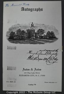 Lot 2.  Autos & Autos.  26 items.  The firm was owned and operated by the late B.C. West, Jr., Manuscript Society treasurer, trustee and noted dealer and collector. His name is well known for the 1976-1977 replevin case, The State of North Carolina vs. Dr. B.C. West, Jr., that he fought after the state seized documents from him. Less well known, perhaps, is the key role he played with the F.B.I. in apprehending a thief who stole an estimated $15,000,000 of manuscripts and artifacts from the Thomas Edison National Historic Site.  West received the Conservation Service Award for his work on the case.  Postmark dates for the catalogs range from 1975 to 1991