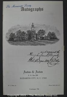 Lot 2.  Autos & Autos.  26 items.  The firm was owned and operated by the late B.C. West, Jr., Manuscript Society treasurer, trustee and noted dealer and collector. His name is well known for the 1976-1977 replevin case, The State of North Carolina vs. Dr. B.C. West, Jr., that he fought after the state seized documents from him. Less well known, perhaps, is the key role he played with the F.B.I. in apprehending a thief who stole an estimated $15,000,000 of manuscripts and artifacts from the Thomas Edison National Historic Site.  West received the Conservation Service Award for his work on the case.  Postmark dates for the catalogs range from 1975 to 1991