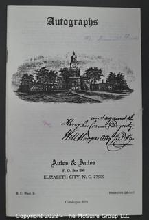 Lot 2.  Autos & Autos.  26 items.  The firm was owned and operated by the late B.C. West, Jr., Manuscript Society treasurer, trustee and noted dealer and collector. His name is well known for the 1976-1977 replevin case, The State of North Carolina vs. Dr. B.C. West, Jr., that he fought after the state seized documents from him. Less well known, perhaps, is the key role he played with the F.B.I. in apprehending a thief who stole an estimated $15,000,000 of manuscripts and artifacts from the Thomas Edison National Historic Site.  West received the Conservation Service Award for his work on the case.  Postmark dates for the catalogs range from 1975 to 1991