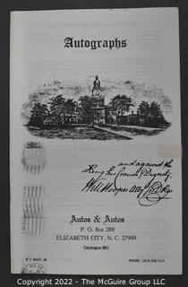 Lot 2.  Autos & Autos.  26 items.  The firm was owned and operated by the late B.C. West, Jr., Manuscript Society treasurer, trustee and noted dealer and collector. His name is well known for the 1976-1977 replevin case, The State of North Carolina vs. Dr. B.C. West, Jr., that he fought after the state seized documents from him. Less well known, perhaps, is the key role he played with the F.B.I. in apprehending a thief who stole an estimated $15,000,000 of manuscripts and artifacts from the Thomas Edison National Historic Site.  West received the Conservation Service Award for his work on the case.  Postmark dates for the catalogs range from 1975 to 1991